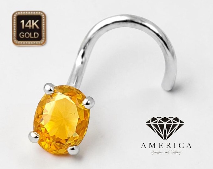 Natural Citrine Oval  Shape 14K Gold Nose Piercing , Real Gold 14K ,  Nose Ring nugget 20 GAUGE , Real Gold Piercing sold 1 piece.