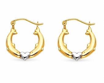 14K Yellow Gold Dolphin Real Gold Fancy Hoop Small 16mm Hoop  sold 1 pair REAL Plain Gold earrings.