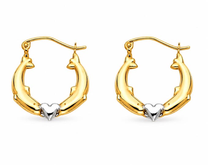 14K Yellow Gold Dolphin Real Gold Fancy Hoop Small 16mm Hoop  sold 1 pair REAL Plain Gold earrings.