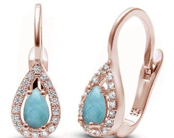 Rose Gold Plated Larimar & Cubic Zirconia .925 Sterling Silver Earrings  of Opal  Gift, Birthday, Anniversary.