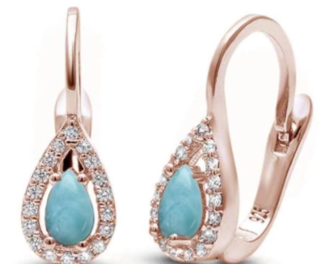 Rose Gold Plated Larimar & Cubic Zirconia .925 Sterling Silver Earrings  of Opal  Gift, Birthday, Anniversary.