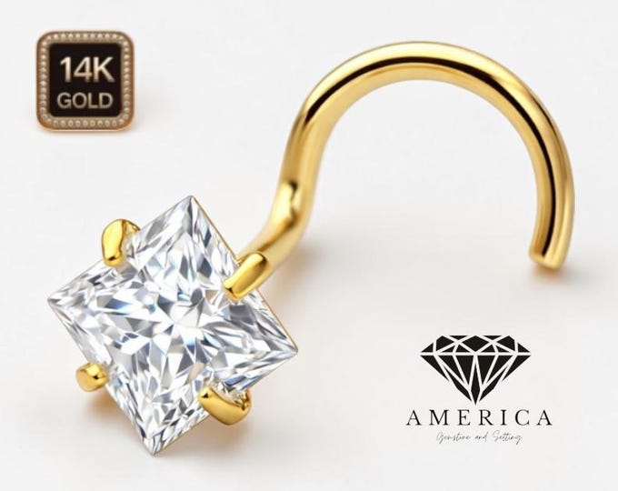 Lab Grown Diamond Princess Cut  14K Yellow Gold Nose Stud 20 GA Piercing , Real Gold 14K ,  20 GAUGE sold 1 piece Lab Grown Diamond