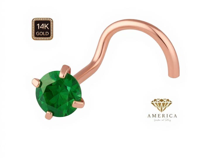 Emerald 14K Solid Gold Nose Stud 20 GA Piercing , Real Gold 14K , 20 GAUGE 6mm post length, Emerald.