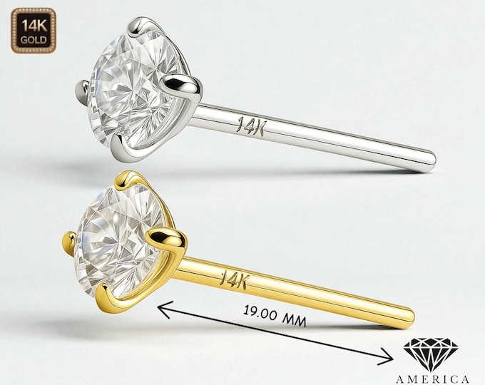 18GA 20GA Fish Tail Straight End 14K  Real Gold Nose Stud 20 GA Piercing , Real Gold 14K Gold, With Post length 19.00MM.