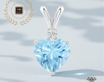 Natural Heart Aquamarine Pendant 14k Gold Round Moissanite Diamond Solitaire Pendant Only Pass Diamond Tester.