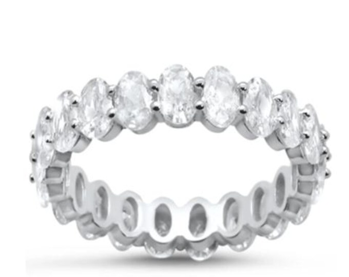 Oval Cubic Zirconia .925 Sterling Silver Eternity Band Ring Sizes 5-10
