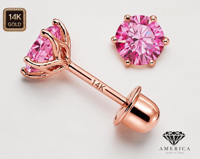 Pink Moissanite with 14K Rose Gold Earrings  6 Prong Basket 22Gauge earrings stud Real 14K Gold sold 1 Pair Screw backing.