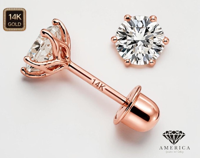 14K Rose Gold Earrings  6 Prong Basket 20 Gauge earrings stud Real 14K Gold sold 1 Pair Baby Screw backing.