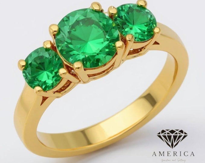 14K Gold Ring 3 Round Center Gemstone Engagement Bridal Women's Ring.