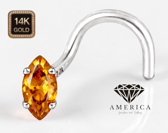 Natural Citrine Marquise 2.5x5 mm 14K Solid Gold Nose Stud 20 GA Piercing , Real Gold 14K ,  20 GAUGE sold 1 piece Citrine
