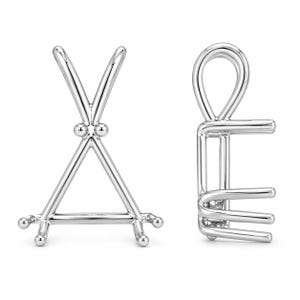 May include: Two silver-colored jewelry settings. One is a triangular design with three small spheres at the base and two spheres at the center. The other setting has a loop at the top and a square base with three prongs.