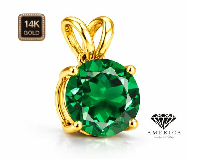 Lab Created Emerald Pendant Solitaire 14K Gold Pendant Only Real Gold with Lab Created Emerald Gemstone