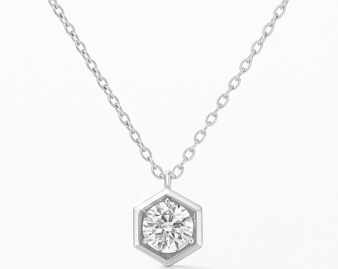 Moissanite Rhodium Plated 925 Sterling Silver Hexagon Pendant Adjustable Necklace Wedding, bridal, birthday, gift.