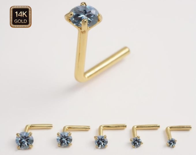 Natural Blue Topaz 14K Rose Gold Nose Stud 20 GA Piercing , Real Gold 14K ,  20 GAUGE sold 1 piece Natural Blue Topaz .
