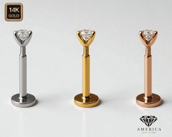 Threaded Screw ON 14K Real Gold Labret 18 Gauge Nose Ring Labret Piercing 6mm 8mm sold 1 piece select your gemstone.