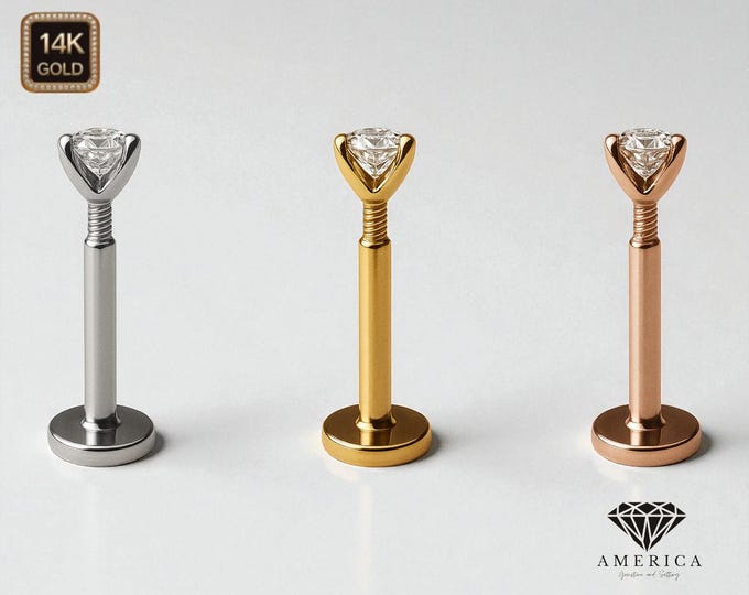 Threaded Screw ON 14K Real Gold Labret 18 Gauge Nose Ring Labret Piercing 6mm 8mm sold 1 piece select your gemstone.