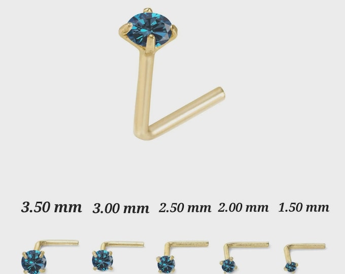 Blue Lab Grown Diamond 14K Gold Nose Stud 20 GA Piercing , Real Gold 14K ,  20 GAUGE sold 1 piece Lab Grown Diamond VVS1/EF .