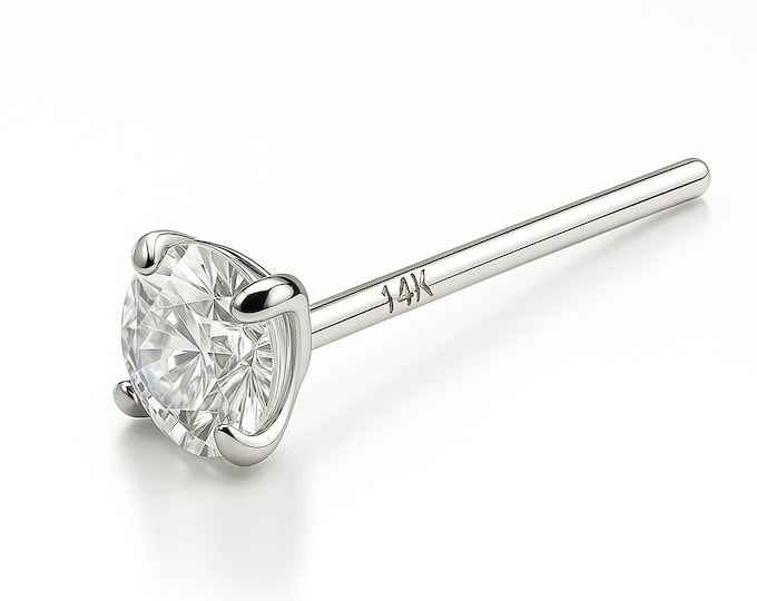 Moissanite Diamond 14K Gold Nose Stud 20 GA Piercing , Real Gold 14K ,  20 GAUGE sold 1 piece Pass Diamond Tester.