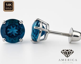 14K Gold Blue London Blue Topaz Earrings 22 GA Thin Basket earrings Baby Screw backing Sold 1 pair earrings stud.