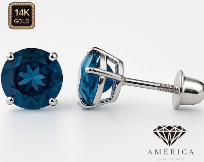 14K Gold Blue London Blue Topaz Earrings 22 GA Thin Basket earrings Baby Screw backing Sold 1 pair earrings stud.