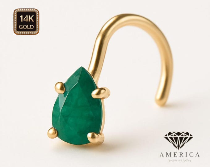Natural Emerald Pear Shape 14K Gold Nose Piercing , Real Gold 14K ,  Nose Ring nugget 20 GAUGE , Real Gold Piercing sold 1 piece.