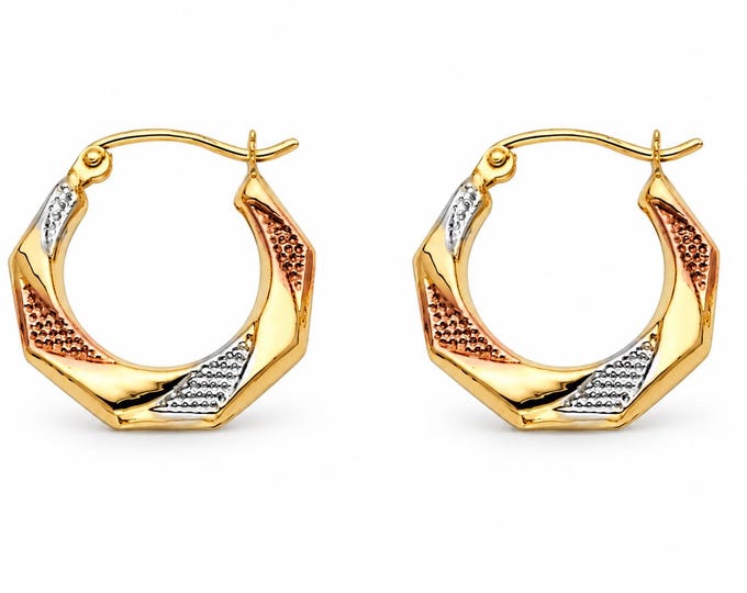 14K Tritone Real Gold Fancy Hoop Small 16mm Hoop  sold 1 pair REAL Plain Gold earrings.