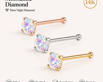 Iridescent Moissanite Diamond Solid Gold 14K  Bone End shaped Nose Stud 20 GA, 1.50mm 2mm 2.50mm 3.00mm 3.50mm 4.00mm 5.00mm