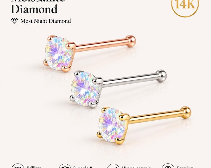 Iridescent Moissanite Diamond Solid Gold 14K  Bone End shaped Nose Stud 20 GA, 1.50mm 2mm 2.50mm 3.00mm 3.50mm 4.00mm 5.00mm