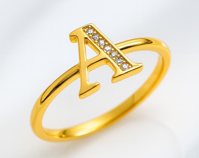 14K Gold Small dainty letter initial with CZ  Fashion Ring Letter A - Z available size 7.
