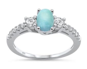 Natural Oval Larimar or lab Created Opal & Cubic Zirconia .925 Sterling Silver Ring Sizes 5-10