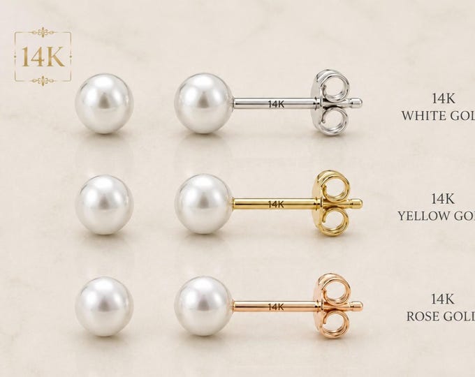14K Solid Real Gold White Pearl Push Back Earrings  Available in Size 4 mm - 10 mm.