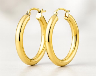3.00 MM Hoop Thickness in 14K Real Gold Hoop Hinge Closure sold 1 pair REAL Plain Gold earrings.