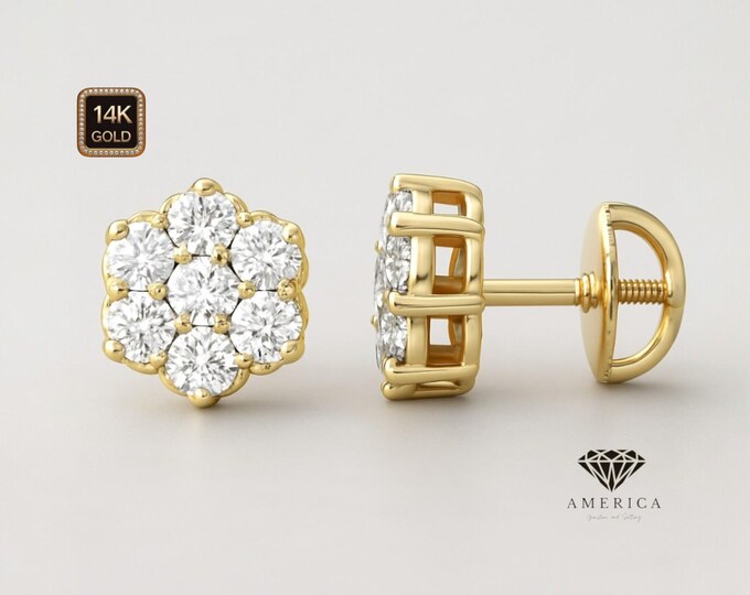 Real Diamond 14K Solid Gold Earrings Heavier Basket Cluster Stud 20 GA earrings stud Real 14K Gold sold 1 Pair Screw backing.