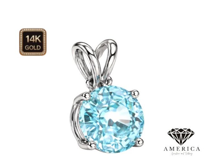 Natural Blue Aquamarine Pendant Solitaire 14K Gold Pendant Only Real Gold with Natural Aquamarine Gemstone