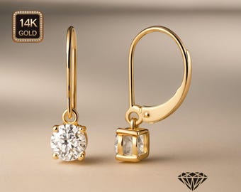 Moissanite 14K Solid Gold Lever Backing Earrings In Round Cut sold in 1 pair.