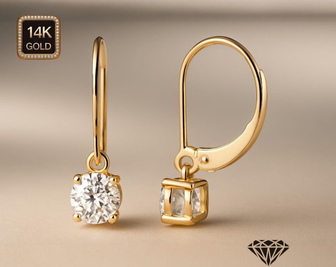Moissanite 14K Solid Gold Lever Backing Earrings In Round Cut sold in 1 pair.
