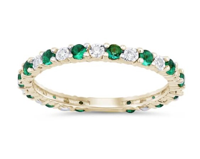 Last one .53ct G SI 14K Yellow Gold Diamond &Emerald Gemstones Band Ring Size 6.5