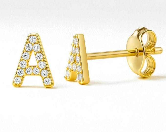 14K Gold Earring Small Stud Sold in 1 pair Small dainty letter initial with CZ  earrings push backing stud.