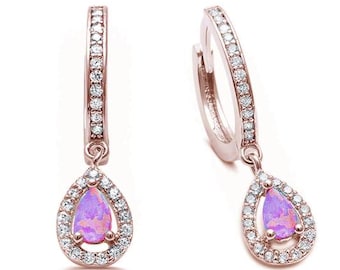 Blue Opal & Cubic Zirconia Hoop Dangle .925 Sterling Silver Earrings