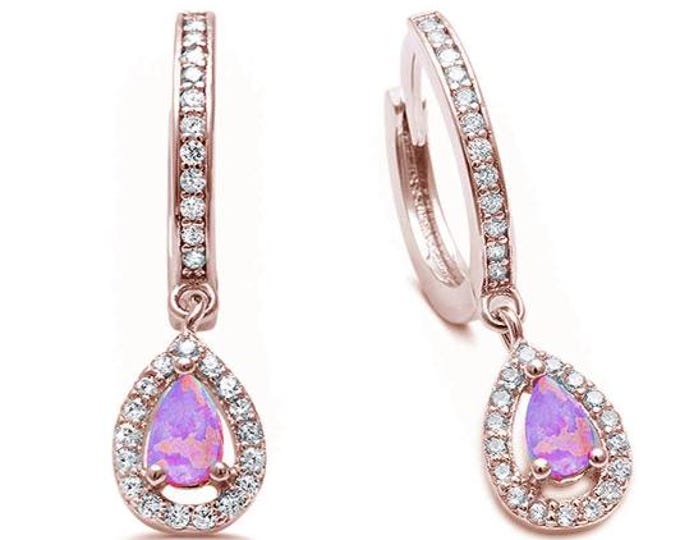 Blue Opal & Cubic Zirconia Hoop Dangle .925 Sterling Silver Earrings