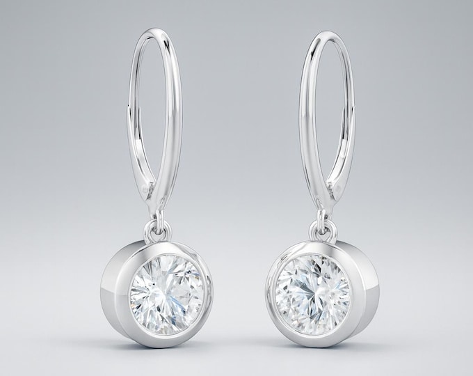 Moissanite VVS1 DEF 14K Solid Gold Lever Backing Earrings In Round Bezel Cut sold in 1 pair.