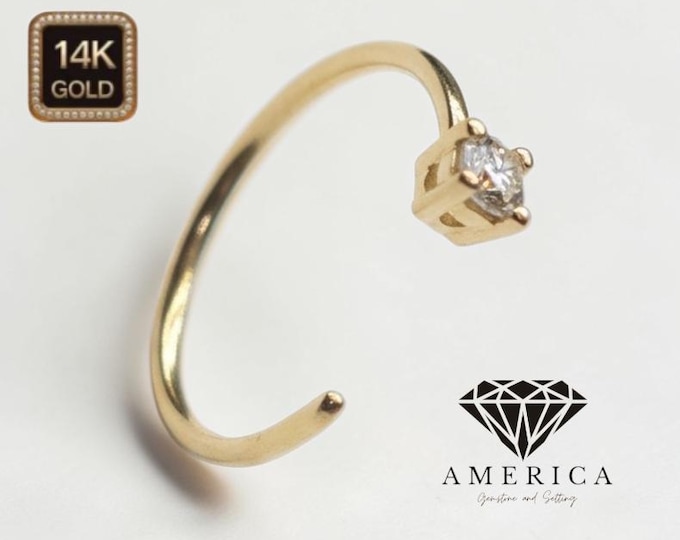 14K Gold Nose Piercing , Real Gold 14K , Hoop Nose Diamond Stud 22 GAUGE , Real Gold , Nostril Piercing sold 1 piece.