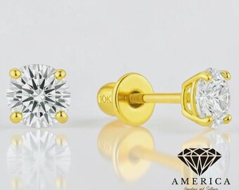 10K Yellow Round Basket Moissanite Earrings Stud 1 pair in Baby screw Backing 10K Gold Moissanite Diamond VVS1 DEF Real gold 1 pair.