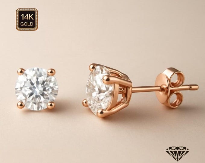 14K Solid Gold Created Diamond Earrings Heavier Basket earrings stud Real 14K Gold sold 1 Pair Push backing Round Shape gemstone.