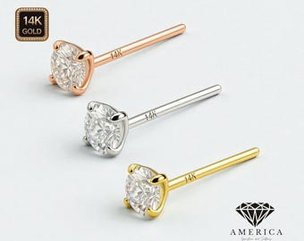 Fish Tail Straight End 14K  Real Gold Nose Stud 20 GA Piercing , Real Gold 14K Gold, With Post length 12.00MM.