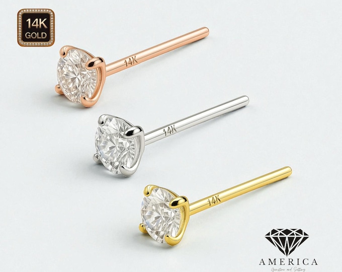 Fish Tail Straight End 14K  Real Gold Nose Stud 20 GA Piercing , Real Gold 14K Gold, With Post length 12.00MM.