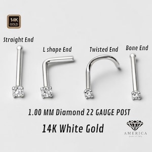 May include: Four different styles of 14K white gold nose studs with a 1.00 mm diamond and a 22 gauge post. Styles include straight, L-shape, twisted, and bone end. The image also includes the text "14K White Gold".