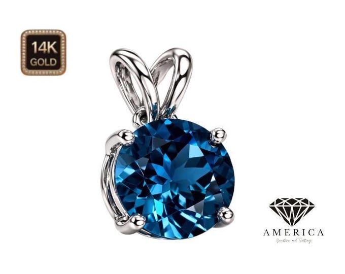 Natural London Blue Topaz  Pendant Solitaire 14K Gold Pendant Only Real Gold with Natural London Blue Topaz Gemstone