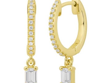 0.34ct G SI 14K Yellow Gold Emerald Cut Diamond Hoop Huggy Dangle Earrings