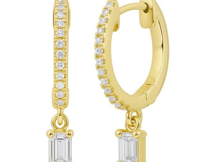 0.34ct G SI 14K Yellow Gold Emerald Cut Diamond Hoop Huggy Dangle Earrings